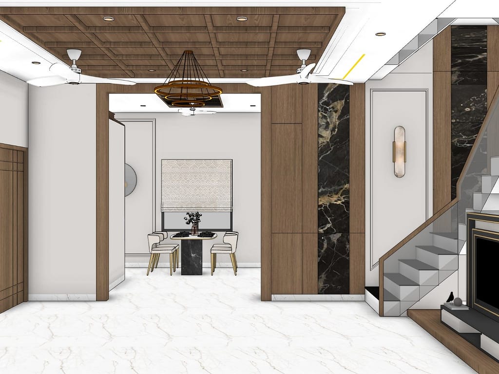 3D home interior design in Kolkata - entrance foyer with wooden grid false ceiling, tiered ring chandelier, black marble feature strip and view to the dining area