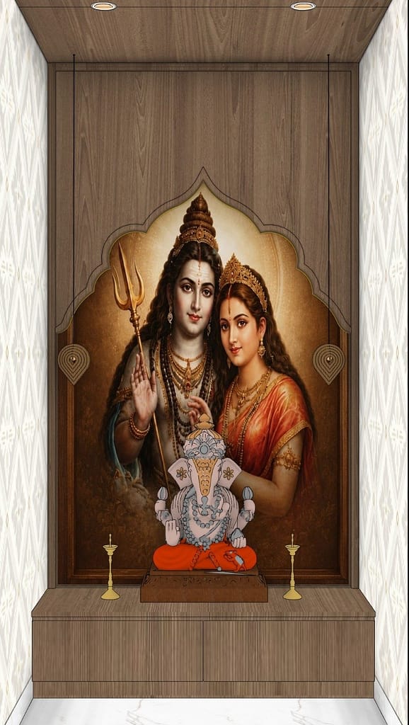 3D Home Interior Design in Kolkata: 19 Stunning Room Views of a Modern Family Home 9 Pooja unit in walnut finish with a temple-style arch cut-out framing Shiva-Parvati artwork, a Ganesha idol, brass diyas and storage drawers below